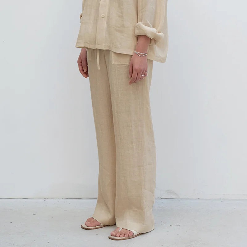 Pantalones de Lino para Mujer con Cordón Ajustable y Bolsillos de Parche