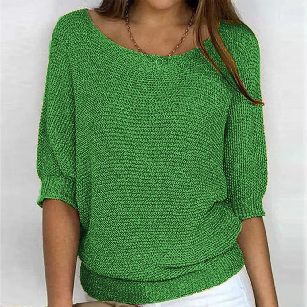 Jersey de punto para mujer con cuello redondo y manga francesa tres cuartos