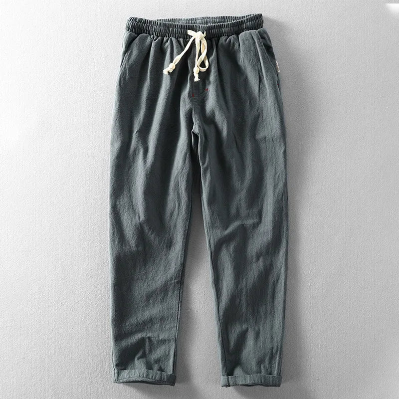 Pantalones de Lino para Hombre de Corte Recto con Cintura Elástica y Cordón Ajustable