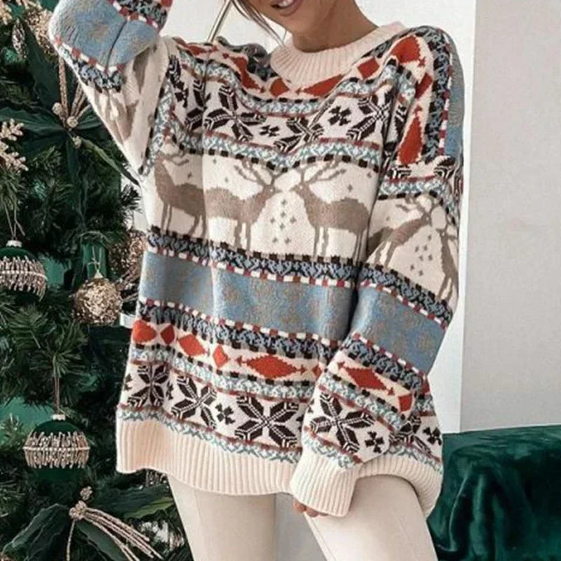 Jersey de Punto Navideño para Mujer con Cuello Redondo y Estampado Festivo Holgado