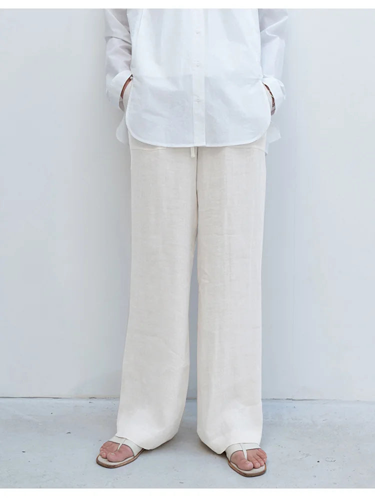 Pantalones de Lino para Mujer con Cordón Ajustable y Bolsillos de Parche