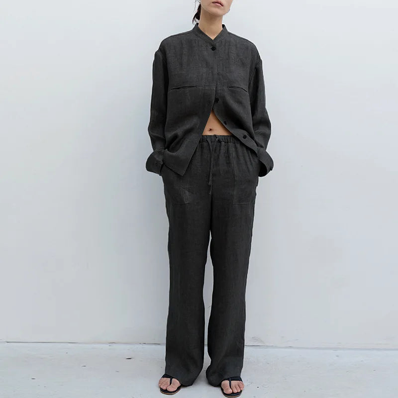 Pantalones de Lino para Mujer con Cordón Ajustable y Bolsillos de Parche