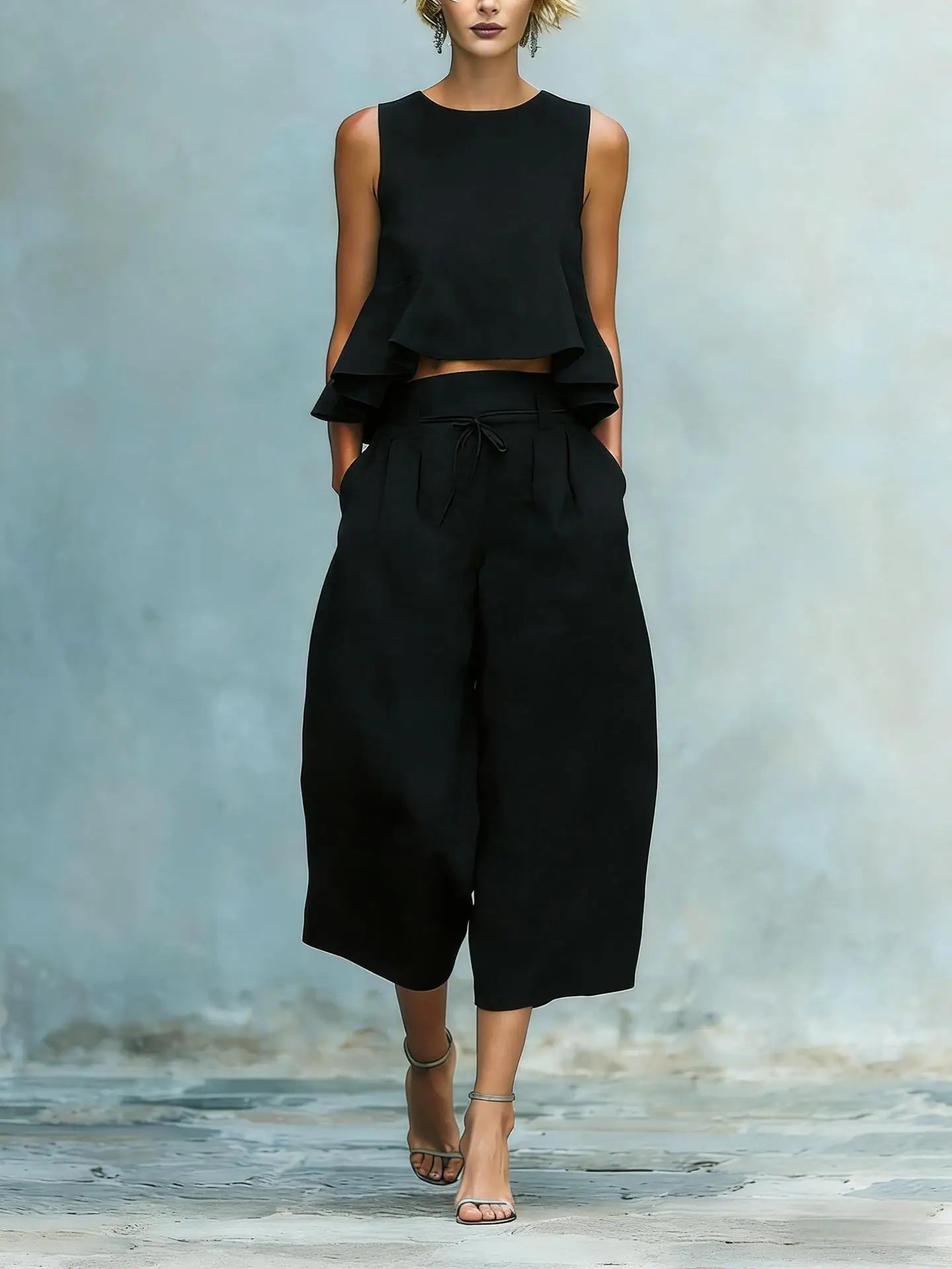 Conjunto de dos piezas para mujer con crop top de lino y pantalón ancho
