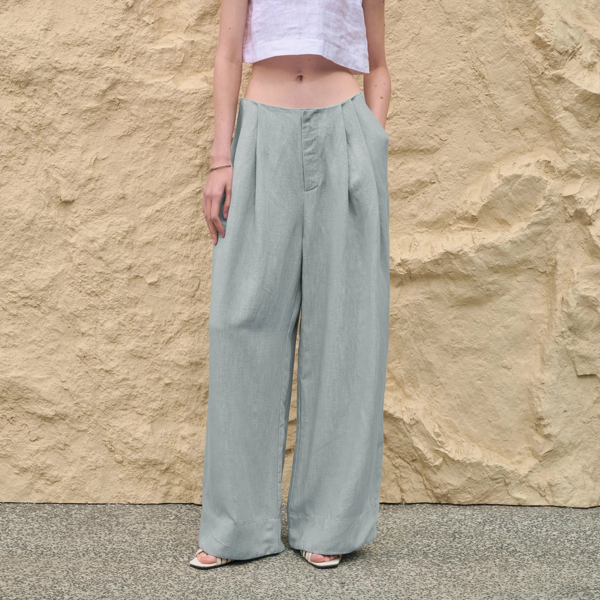 Pantalones de Lino de Pierna Ancha con Cintura Alta y Elástica para Mujer