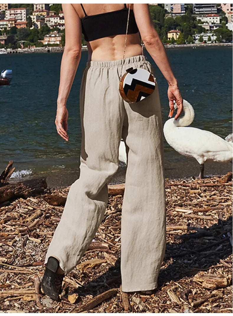 Pantalones de Playa para Mujer de Pierna Ancha en Mezcla de Lino y Algodón