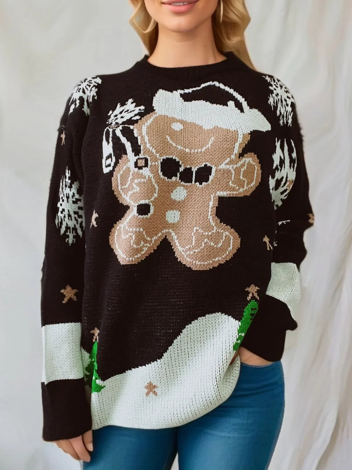 Pull de Noël en maille pour femme avec bonhomme de neige et col rond