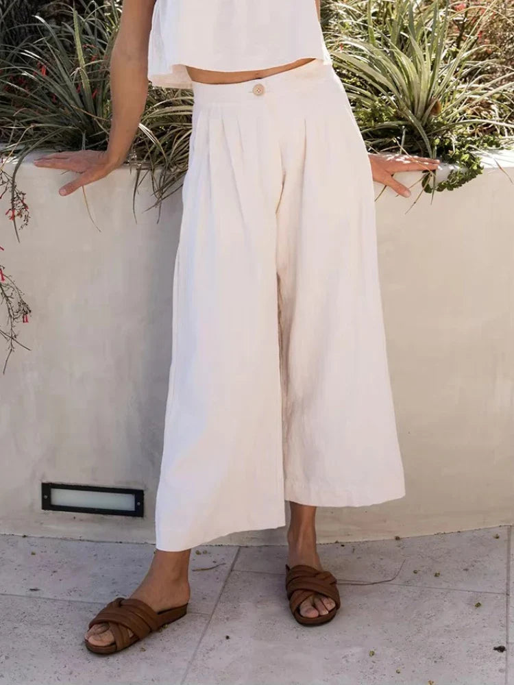 Culottes de Lino para Mujer con Talle Alto y Pliegues Frontales