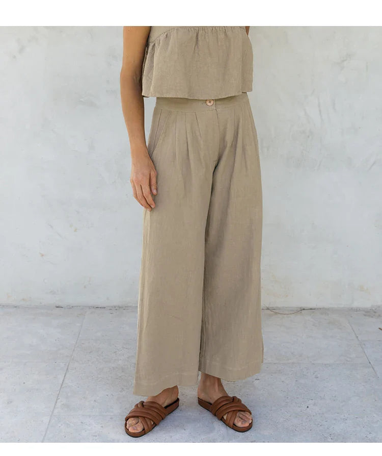 Culottes de Lino para Mujer con Talle Alto y Pliegues Frontales