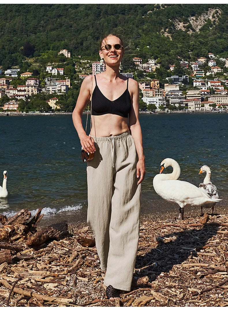 Pantalones de Playa para Mujer de Pierna Ancha en Mezcla de Lino y Algodón