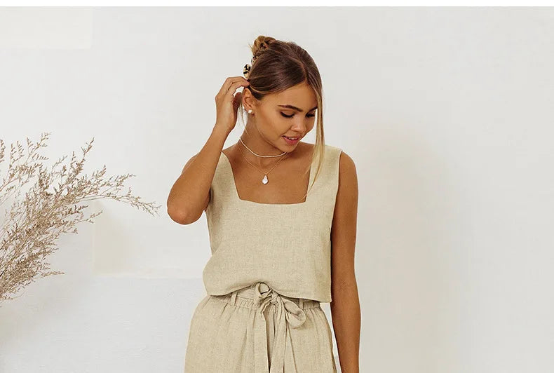 Pantalones de Lino para Mujer de Pierna Ancha con Cintura Elástica y Lazo