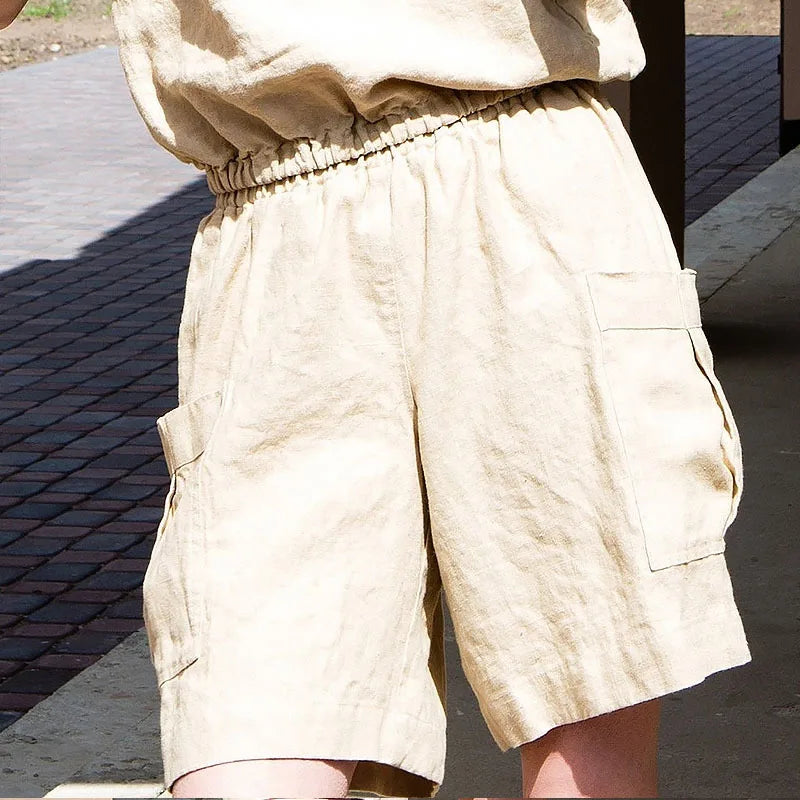 Pantalones Cortos de Lino para Mujer Estilo Cargo con Cintura Alta Elástica