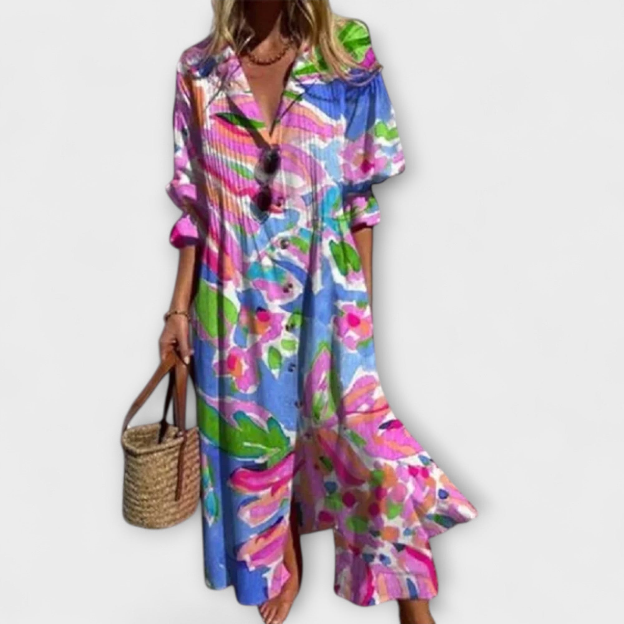 Vestido Camisero Largo para Mujer con Estampado de Hojas y Manga Abullonada