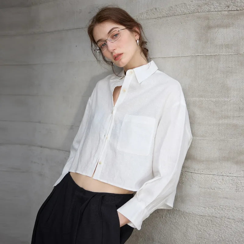 Short Linen Shirt for Women with Oversize Cut, V-Neck, and Buttons