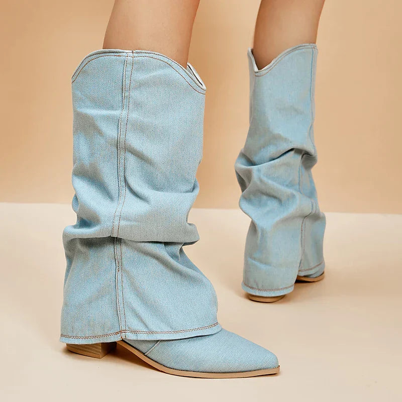 Botas de Mezclilla hasta la Rodilla para Mujer Punta Estrecha y Tacón Medio