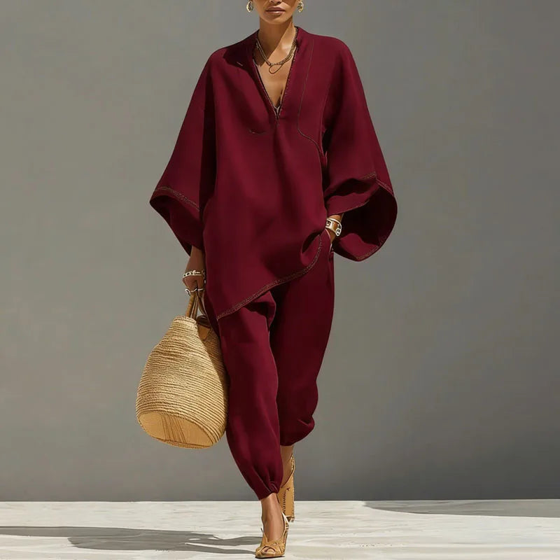 Conjunto de dos piezas para mujer - top con mangas murciélago — diseño casual