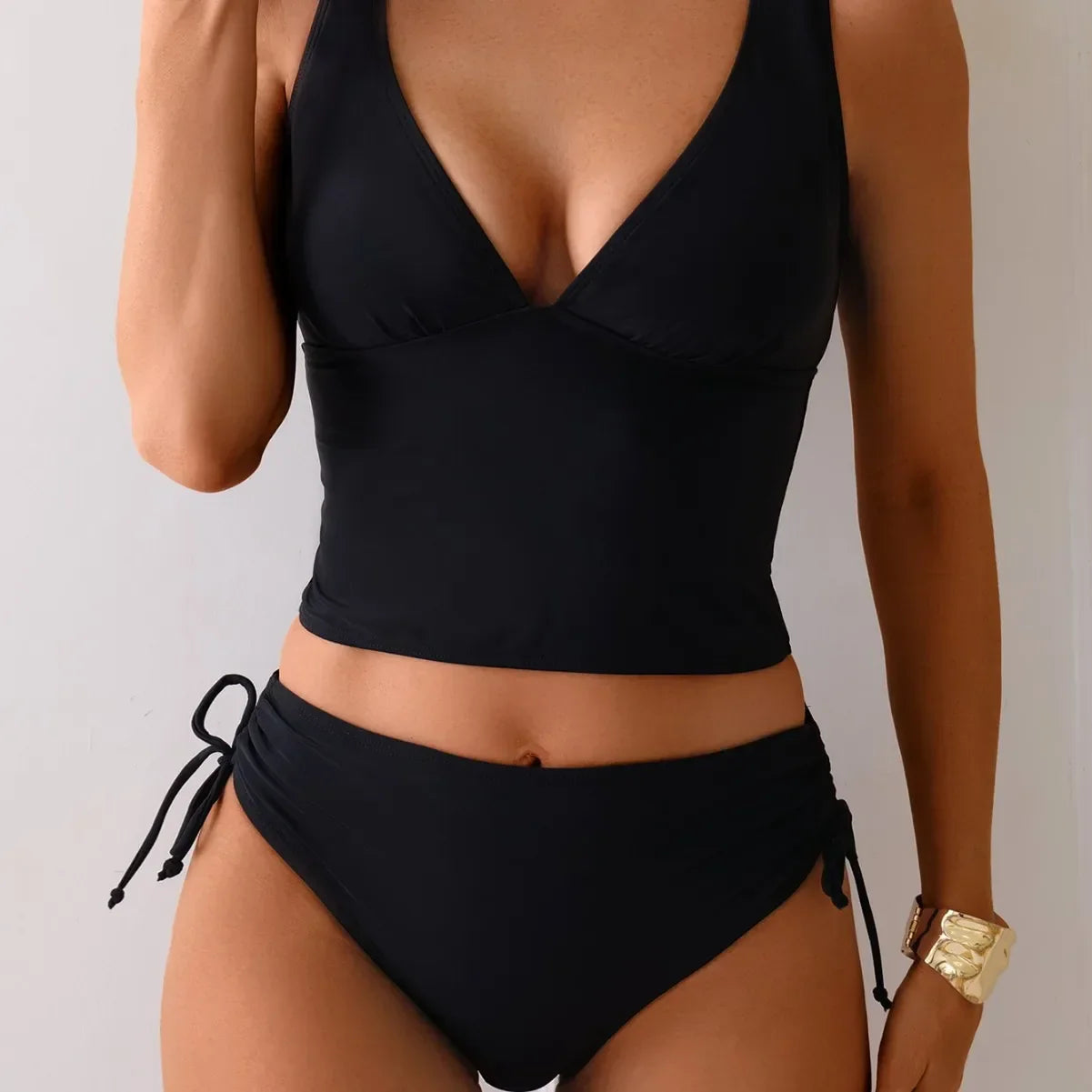 Bañador Tankini de Talle Alto con Escote en V y Braguita Ajustable con Cordón