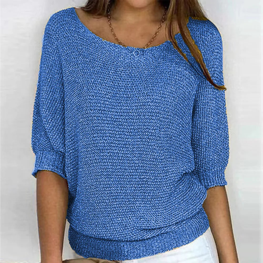 Jersey de punto para mujer con cuello redondo y manga francesa tres cuartos