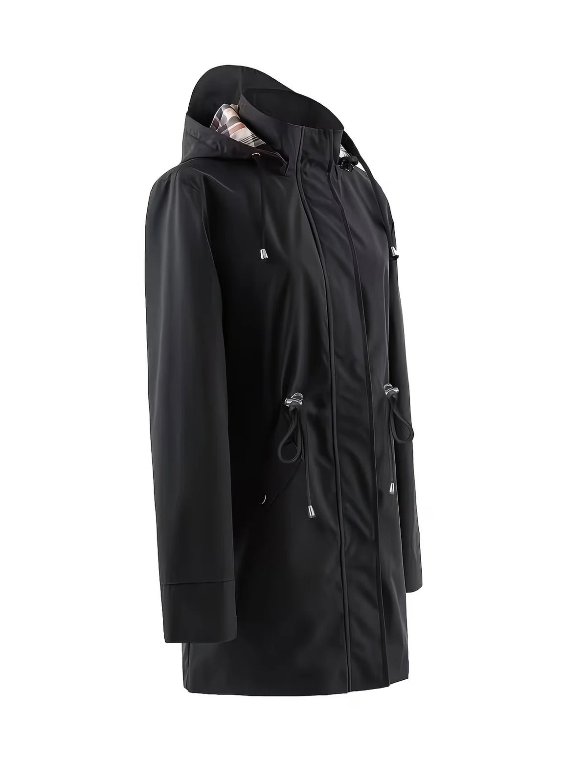 Trench de Poliéster para Mujer con Capucha Ajustable y Forro de Cuadros