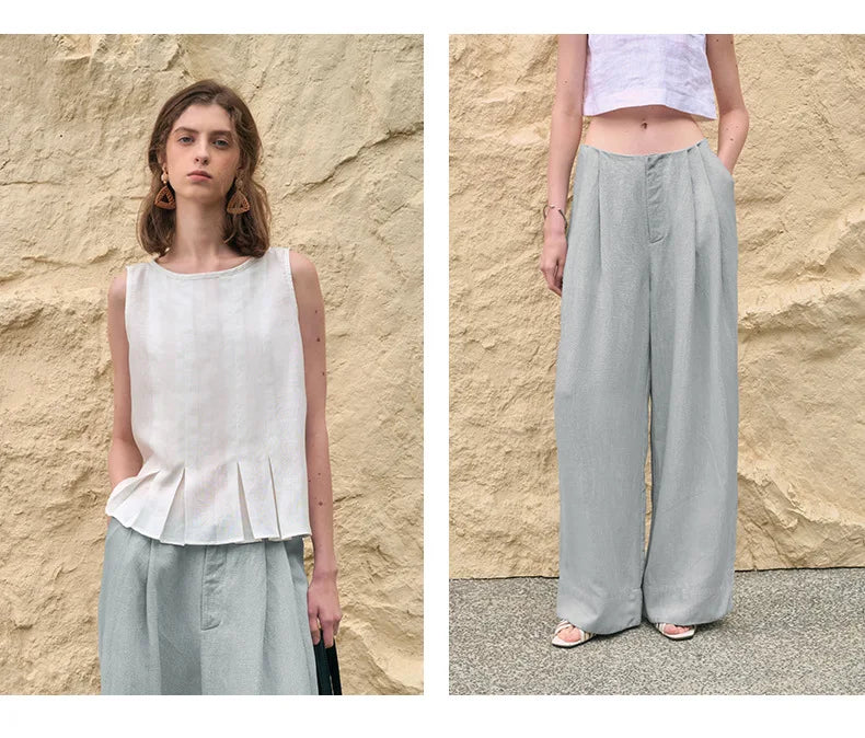 Pantalones de Lino de Pierna Ancha con Cintura Alta y Elástica para Mujer
