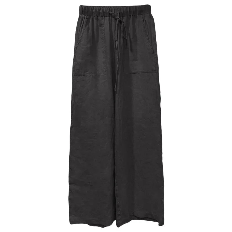 Pantalones de Lino para Mujer con Cordón Ajustable y Bolsillos de Parche