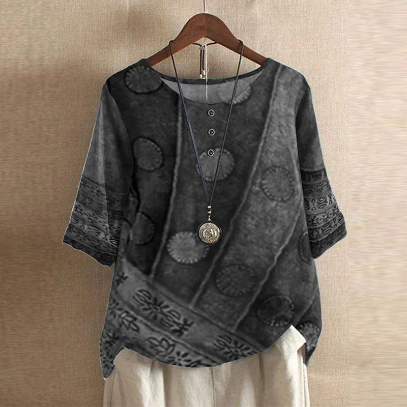 Blusa Estampada de Estilo Retro con Cuello Redondo y Botones para Mujer