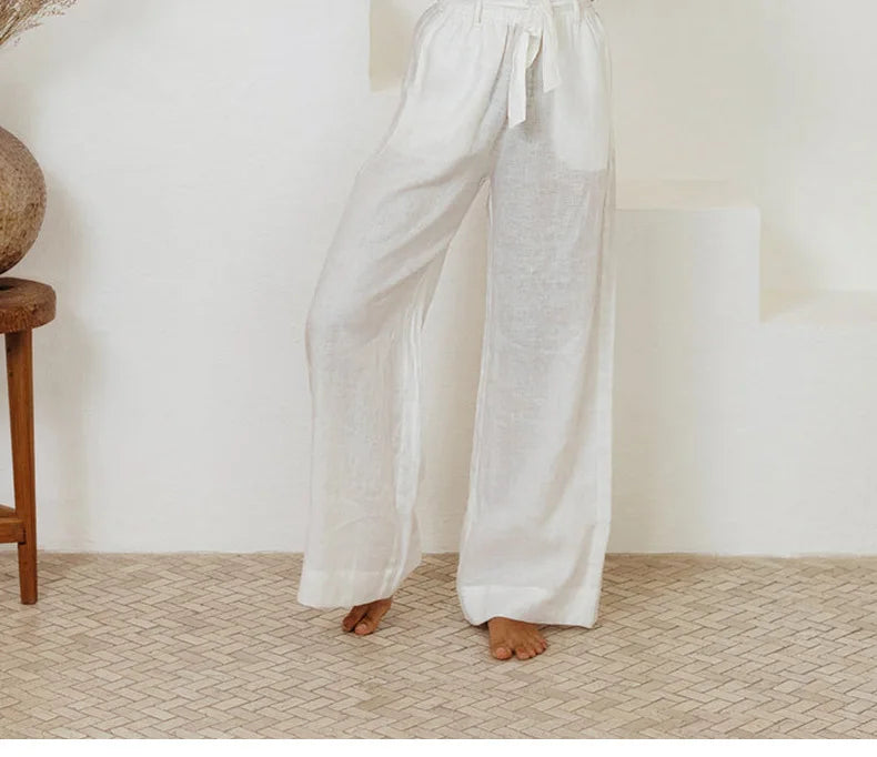Pantalones de Lino para Mujer de Pierna Ancha con Cintura Elástica y Lazo