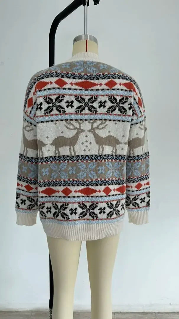 Jersey Navideño Oversize de Poliéster para Mujer con Estampado Integral y Cuello Redondo