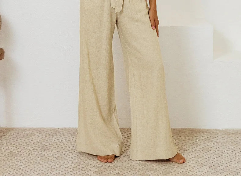 Pantalones de Lino para Mujer de Pierna Ancha con Cintura Elástica y Lazo