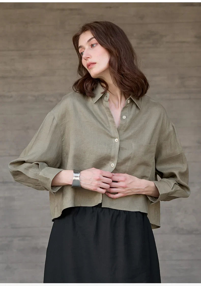 Short Linen Shirt for Women with Oversize Cut, V-Neck, and Buttons