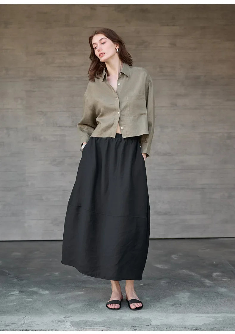 Short Linen Shirt for Women with Oversize Cut, V-Neck, and Buttons