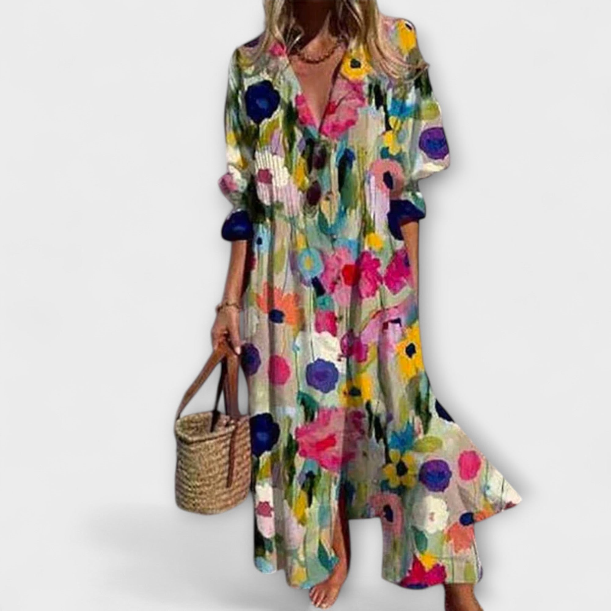 Vestido Camisero Largo para Mujer con Estampado de Hojas y Manga Abullonada