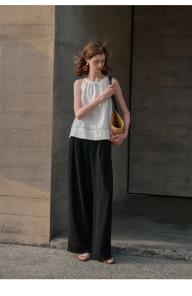 Pantalones de Lino de Pierna Ancha con Cintura Alta y Elástica para Mujer