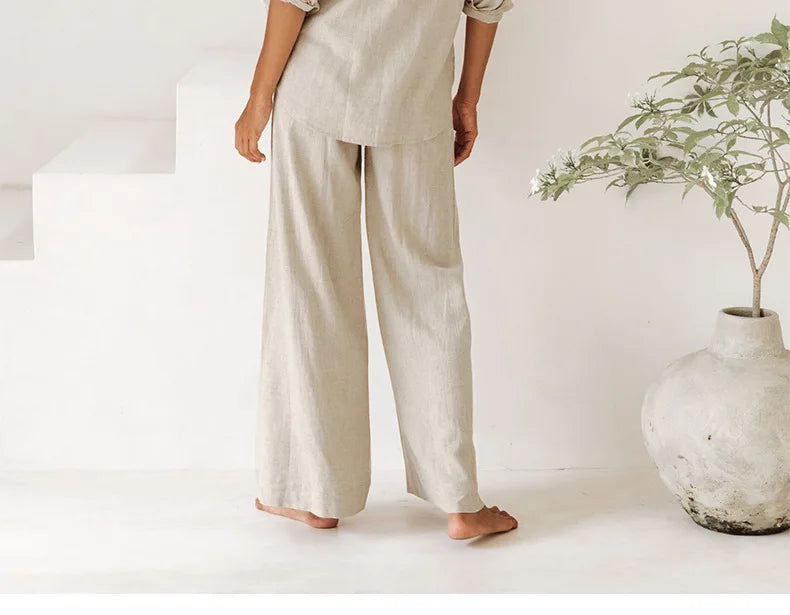 Pantalones de Lino para Mujer de Pierna Ancha con Cintura Elástica y Lazo