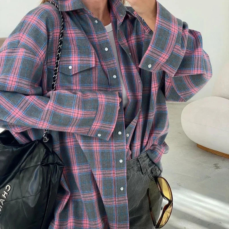 Camisa de cuadros para mujer de franela de manga larga con botones y bolsillos