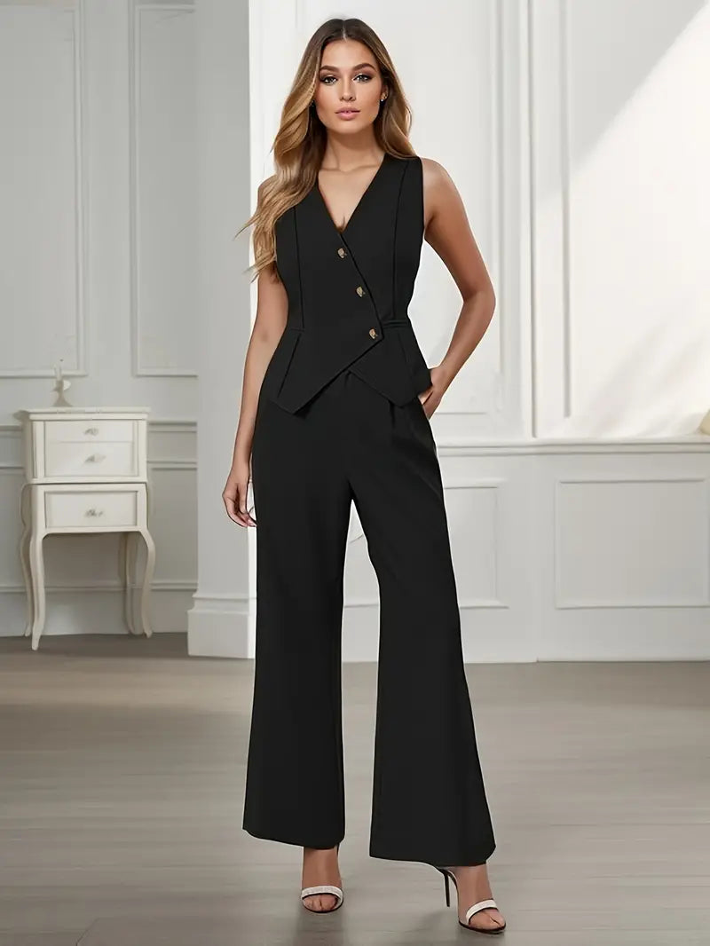 Conjunto de Dos Piezas para Mujer con Chaleco de Algodón y Pantalón Largo de Pata Ancha