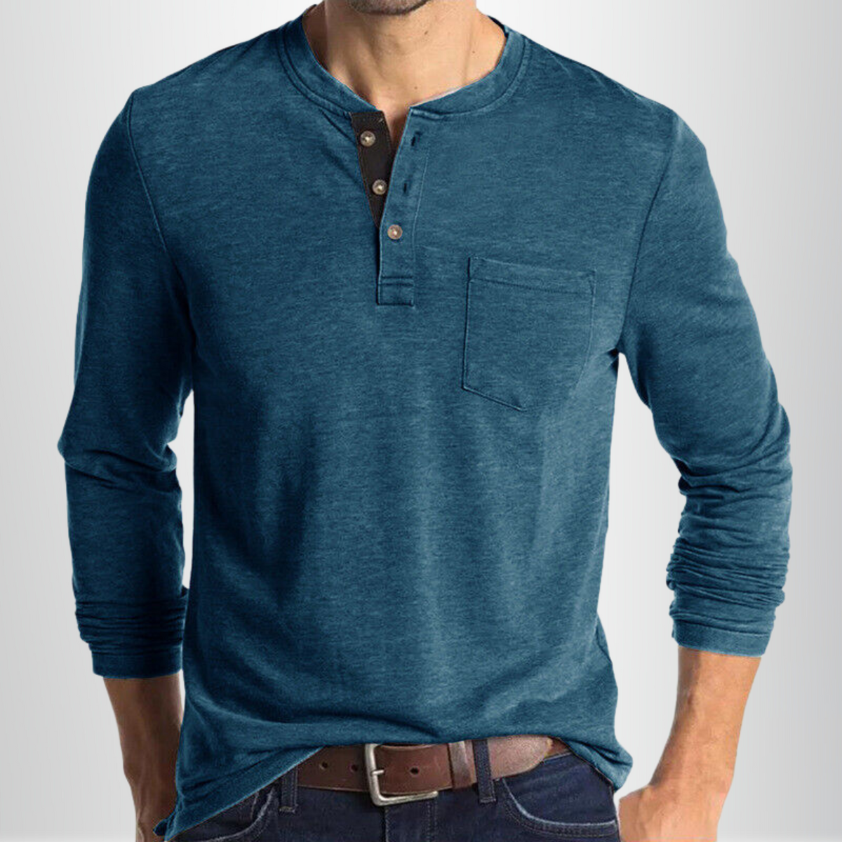 Camisa Henley de Manga Larga para Hombre con Bolsillo y Cuello Clásico