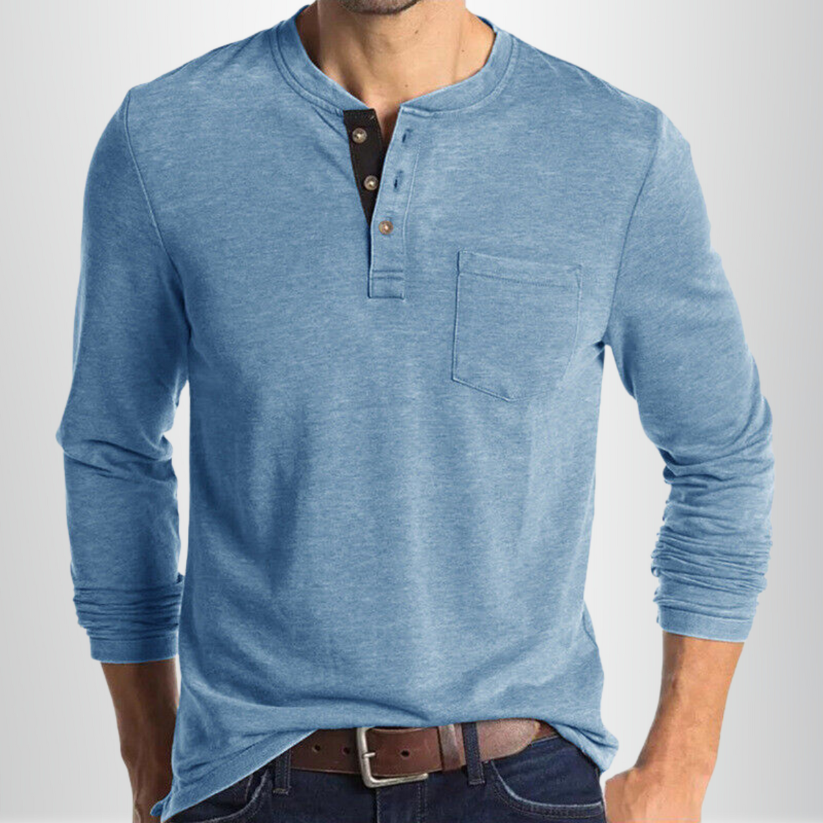 Camisa Henley de Manga Larga para Hombre con Bolsillo y Cuello Clásico