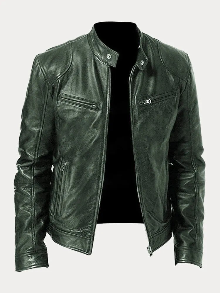 Chaqueta de Cuero Sintético para Hombre con Cuello Alto y Cremalleras Laterales