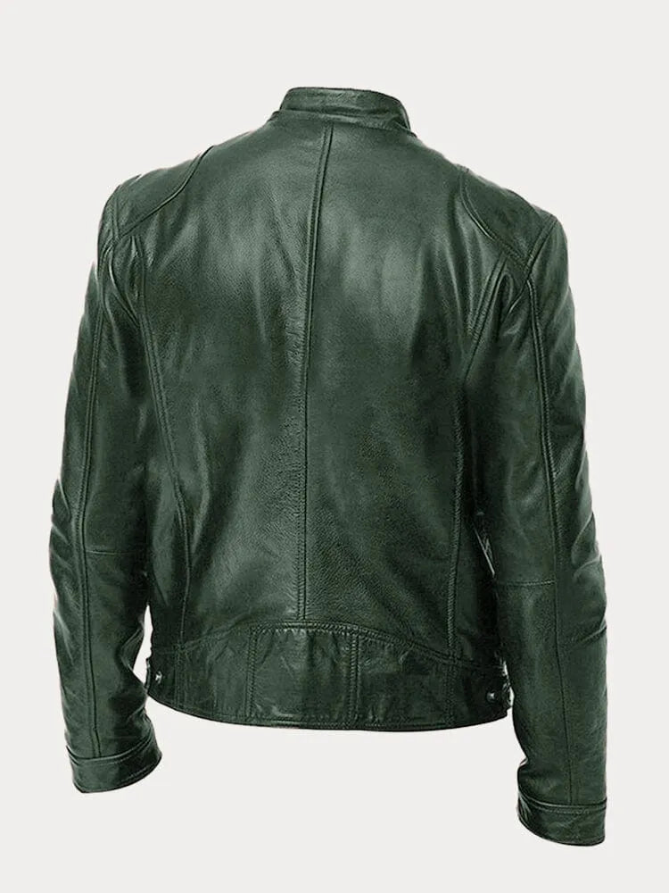 Chaqueta de Cuero Sintético para Hombre con Cuello Alto y Cremalleras Laterales