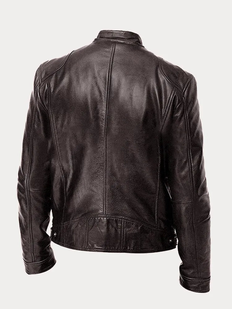 Chaqueta de Cuero Sintético para Hombre con Cuello Alto y Cremalleras Laterales