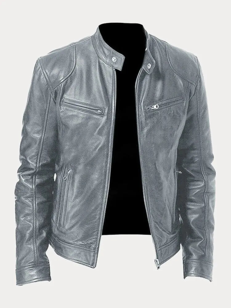 Chaqueta de Cuero Sintético para Hombre con Cuello Alto y Cremalleras Laterales
