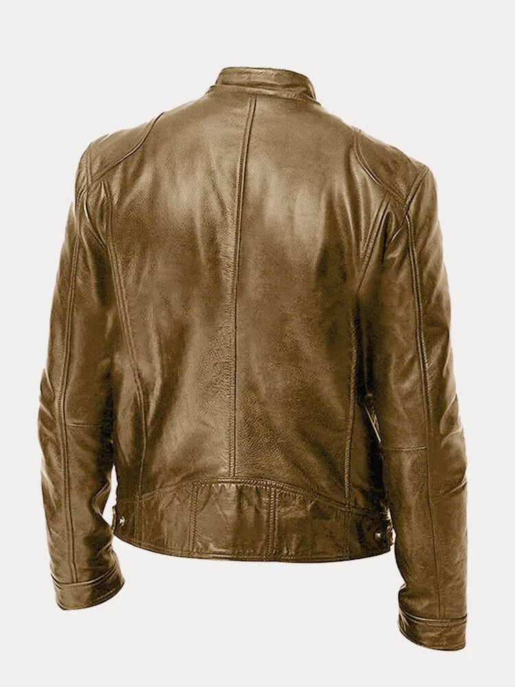 Chaqueta de Cuero Sintético para Hombre con Cuello Alto y Cremalleras Laterales
