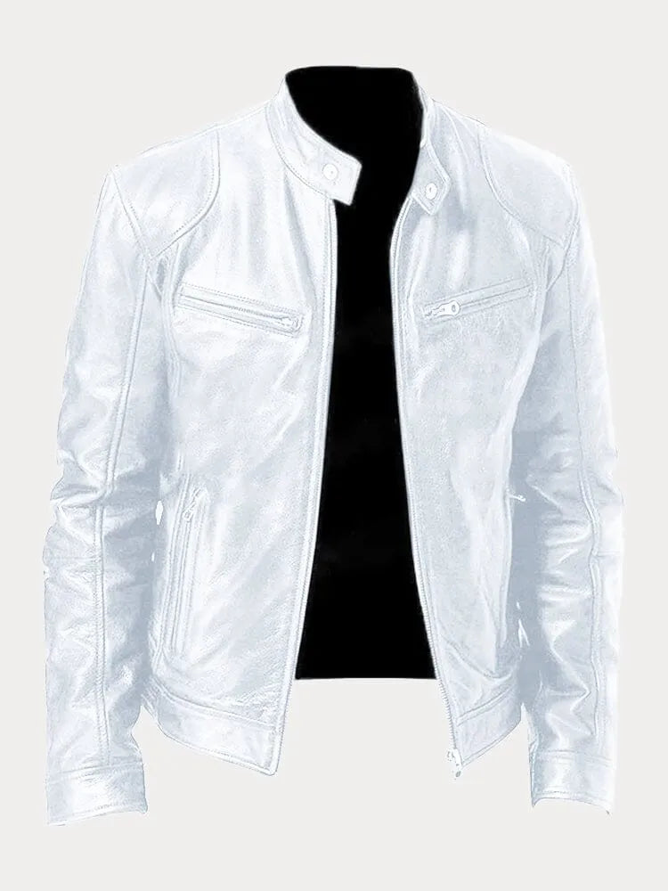 Chaqueta de Cuero Sintético para Hombre con Cuello Alto y Cremalleras Laterales