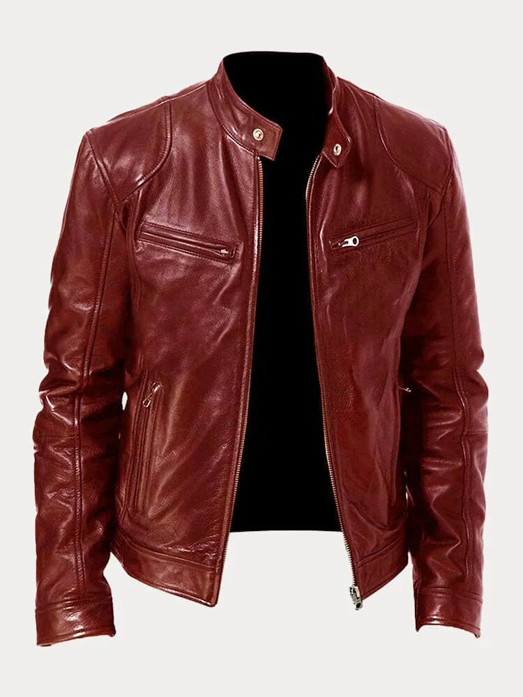Chaqueta de Cuero Sintético para Hombre con Cuello Alto y Cremalleras Laterales