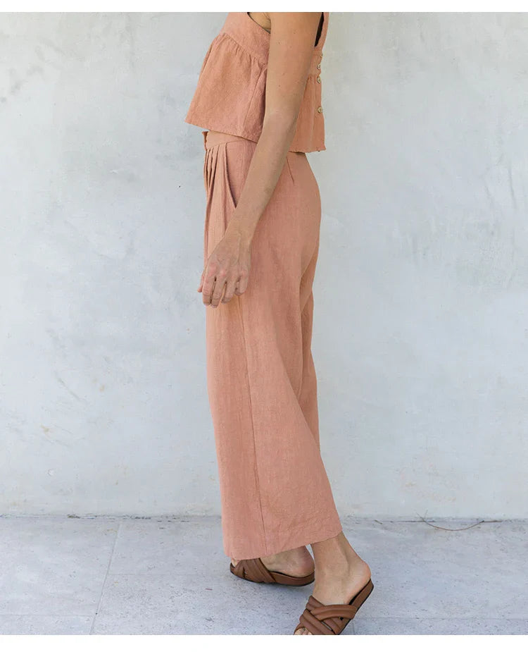Culottes de Lino para Mujer con Talle Alto y Pliegues Frontales