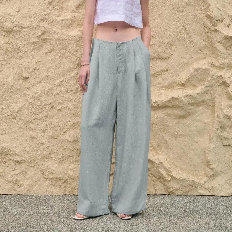 Pantalones de Lino de Pierna Ancha con Cintura Alta y Elástica para Mujer