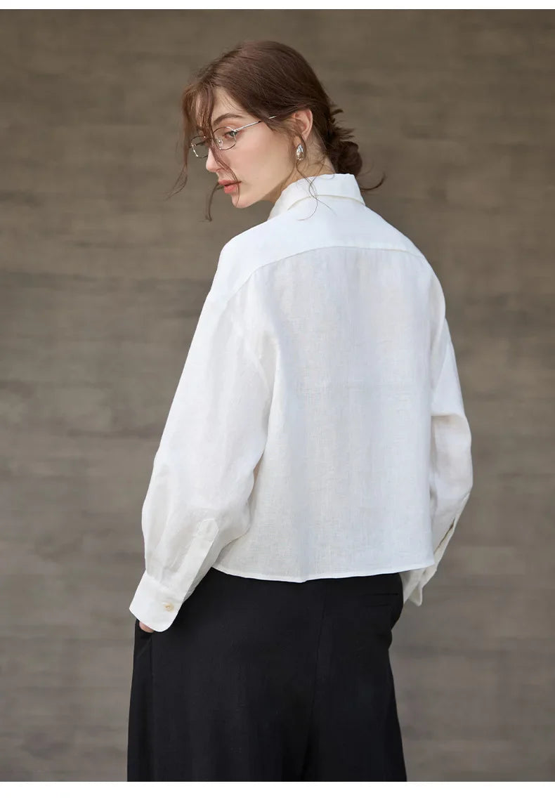 Short Linen Shirt for Women with Oversize Cut, V-Neck, and Buttons