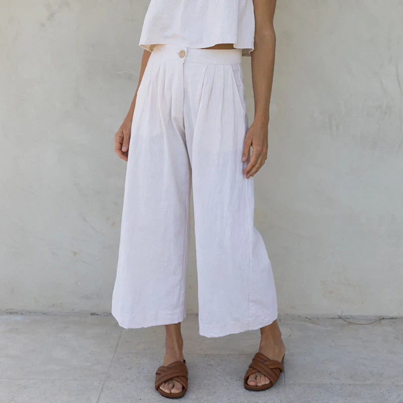 Culottes de Lino para Mujer con Talle Alto y Pliegues Frontales