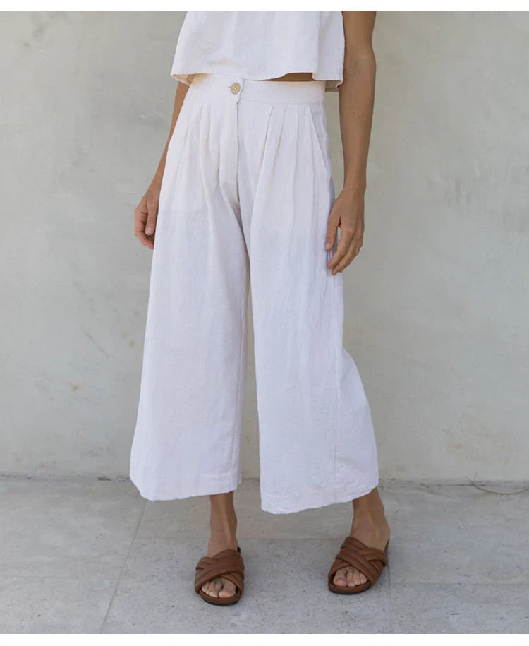 Culottes de Lino para Mujer con Talle Alto y Pliegues Frontales