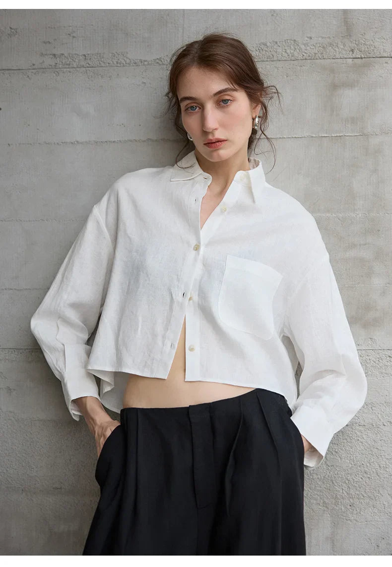 Short Linen Shirt for Women with Oversize Cut, V-Neck, and Buttons